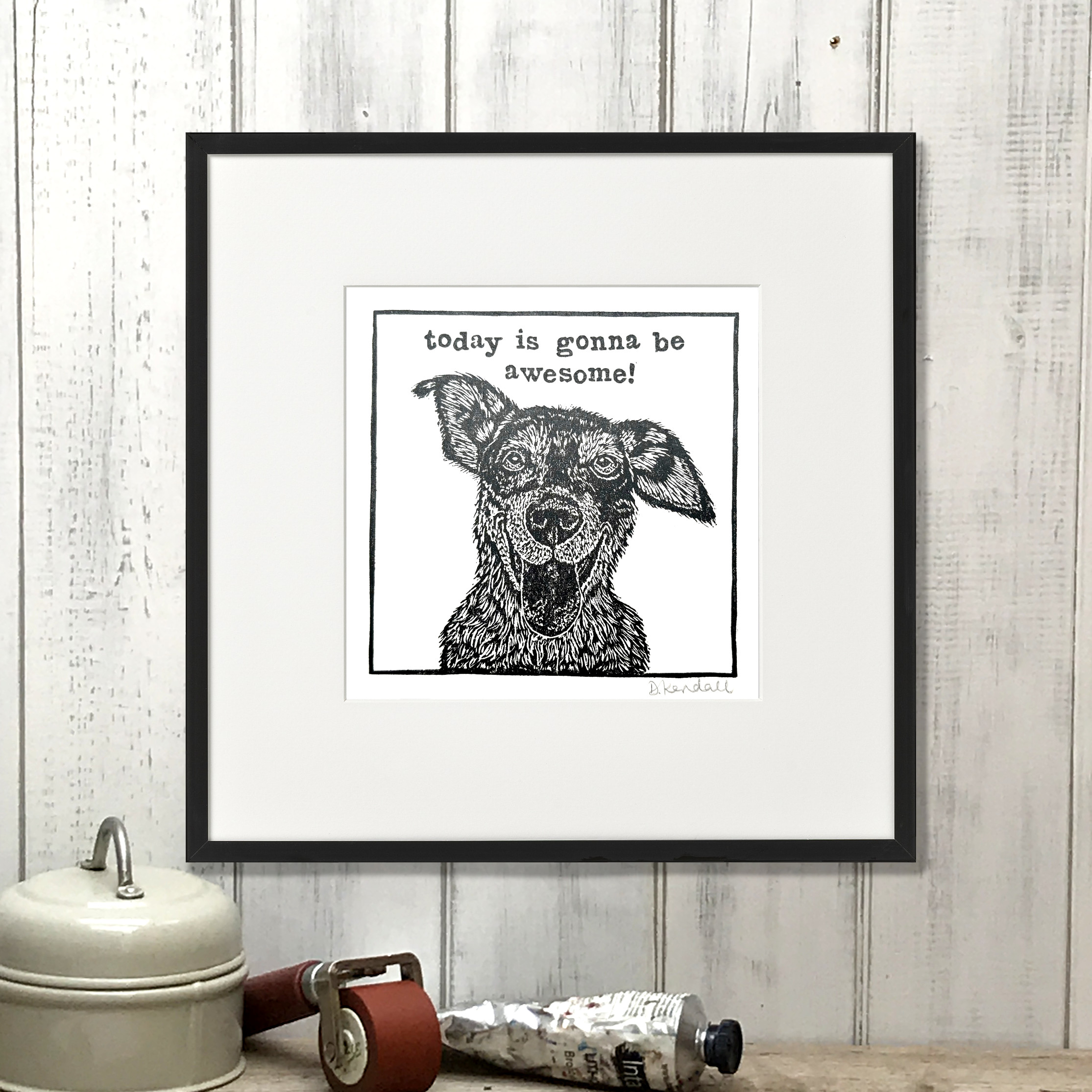 Awesome Day Dog Linoprint | Debbie Kendall