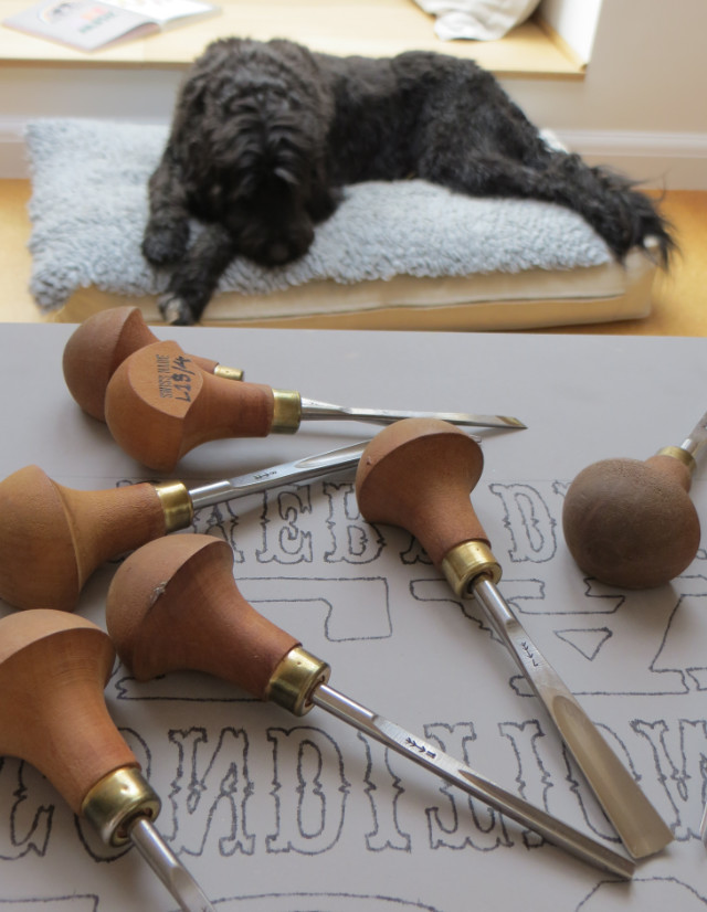 Linocut Tools in Studio with dog | The Enlightened Hound